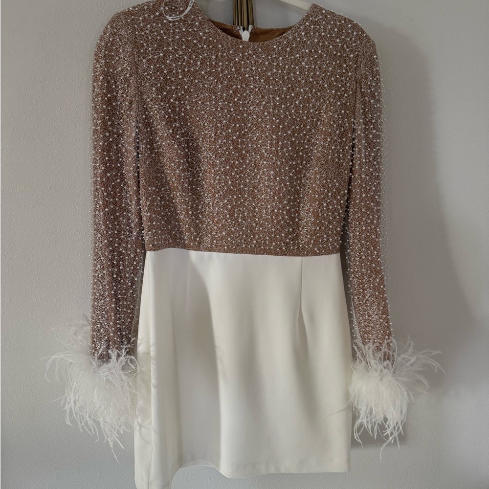 Lavish Alice Medina Pearl Embellished Feather Cuff Mini Dress